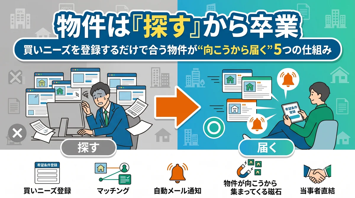 物件は「探す」から卒業|買いニーズを登録するだけで合う物件が向こうから届く5つの仕組み(①買いニーズ登録 ②マッチング ③自動通知 ④物件が集まる ⑤当事者直結 を「探す/届く」の左右対比で示す青基調のインフォグラフィック)